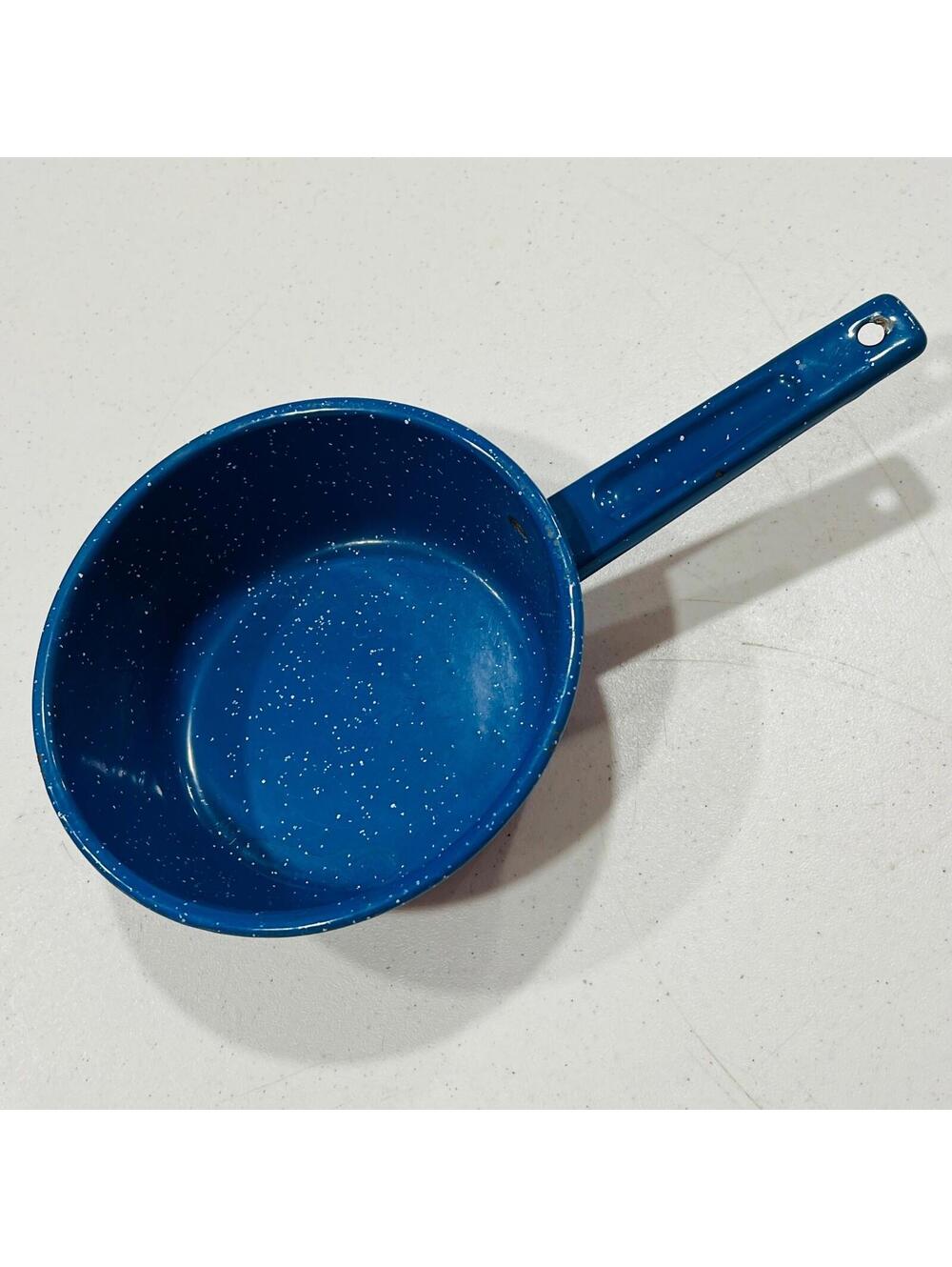 ENAMELWARE BLUE AND WHITE SPECKLED ENAMEL SMALL POT PAN FARMHOUSE 6.5" DIAMETER
